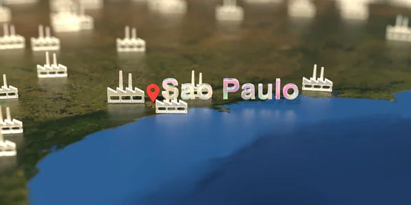 Factory icons near Sao Paulo city on the map, industrial production related 3D rendering — Stock Photo, Image