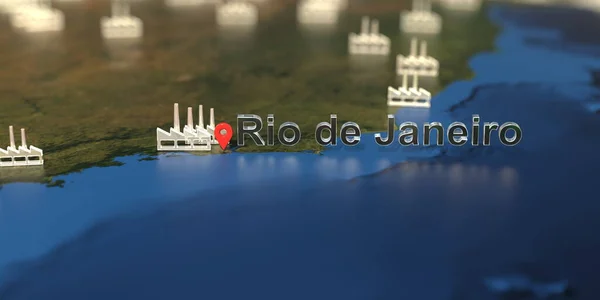 Ícones de fábrica perto da cidade do Rio de Janeiro no mapa, renderização 3D relacionada à produção industrial — Fotografia de Stock