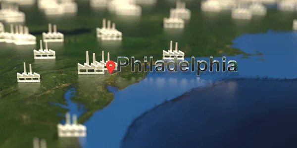 Фабричні іконки біля міста Філадельфія на карті, промислове виробництво пов'язане з 3D рендерингом — стокове фото