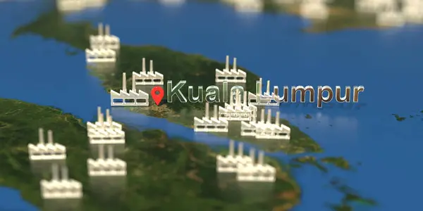 Ícones de fábrica perto da cidade de Kuala Lumpur no mapa, produção industrial relacionada com a renderização 3D — Fotografia de Stock