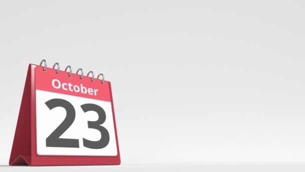 24 октября дата на странице календаря, пустое место для пользовательского текста, 3D анимация — стоковое видео