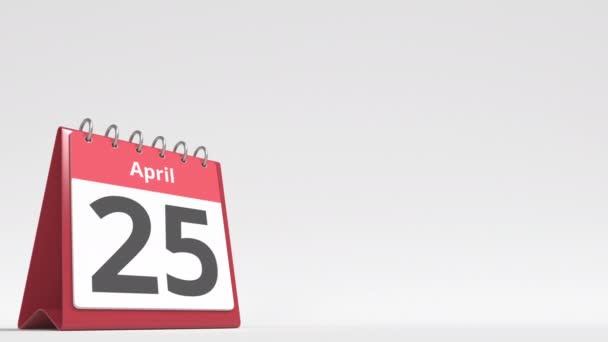 26 aprile data sulla pagina del calendario flip desk, spazio vuoto per il testo utente, animazione 3d — Video Stock