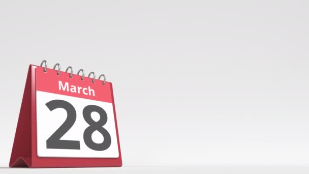 Дата 29 марта на странице календаря флип-стола, пустое место для пользовательского текста, 3D анимация — стоковое видео