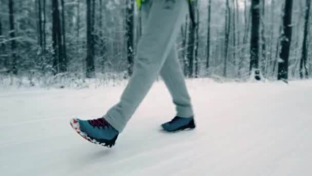 Hombre caminar a lo largo de la nieve cubierta camino del bosque, steadicam primer plano disparo — Vídeos de Stock