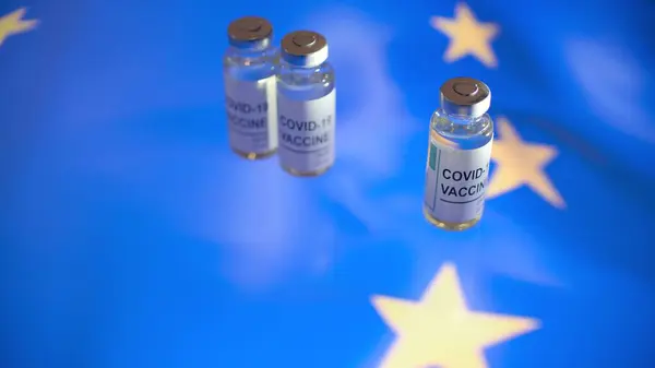 Варіали з вакциною COVID-19 і прапором ЄС — стокове фото