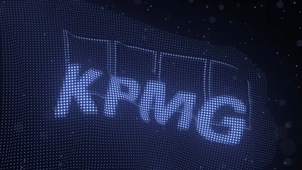 Acenando bandeira digital com logotipo da empresa KPMG, renderização 3d, renderização 3D editorial — Fotografia de Stock