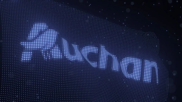 Логотип AUCHAN на размахивающемся цифровом флаге, редакционная 3D рендеринг — стоковое фото