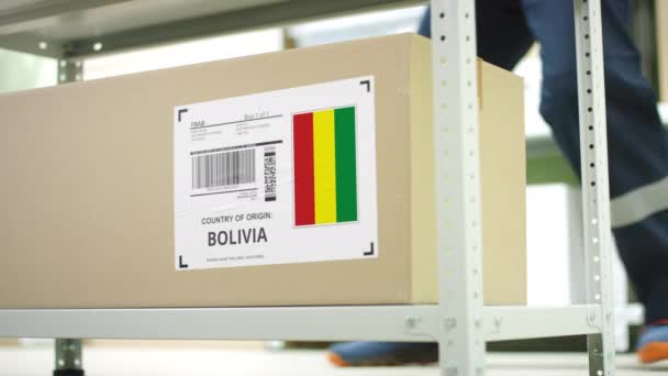 Kartonnen doos met producten uit Bolivia en opslagmedewerker — Stockvideo