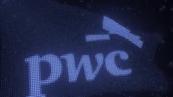 Logo PWC na falującej fladze cyfrowej, pętla animacji 3D — Wideo stockowe