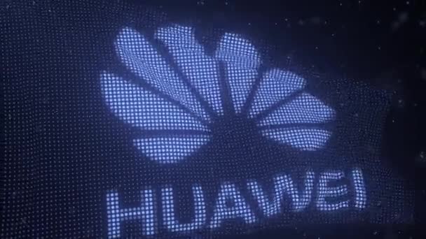 Размахивание цифровым флагом с логотипом компании HUAWEI, цикл 3D анимации — стоковое видео