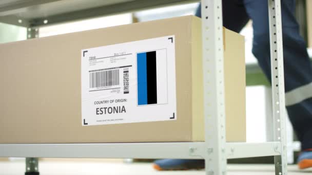 Karton mit Waren aus Estland in einem Lager — Stockvideo