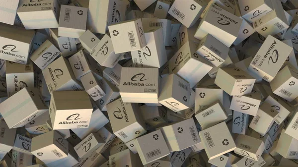 Pile de boîtes avec logo ALIBABA GROUP. Editorial rendu 3D — Photo