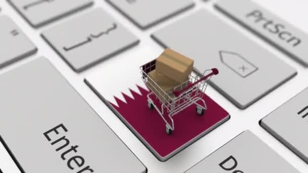 Computer keyboard key with flag of Qatar and shopping cart with cartons, looping online shopping conceptual 3d animation — ストック動画