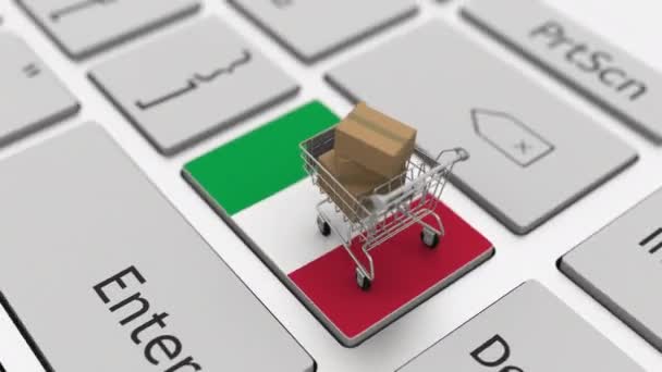 Shopping cart on the keyboard key with flag of Italy. Looping ecommerce related 3d animation — Stock Video