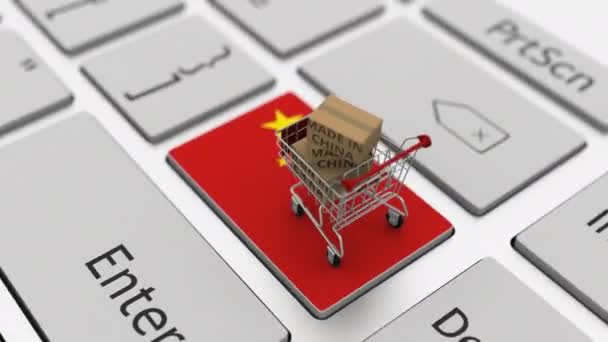 Goods made in China in the shopping cart on the keyboard. Export or import concepts, looping 3d animation — Stockvideo