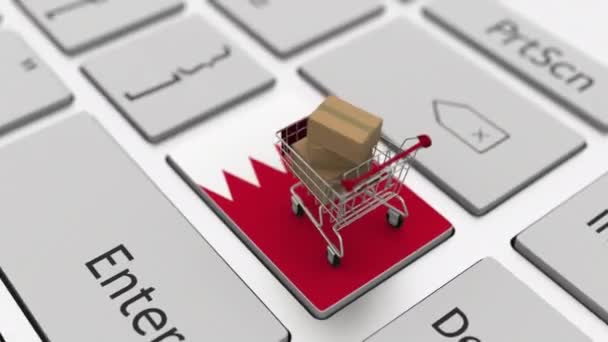 Computer keyboard key with flag of Bahrain and shopping cart with cartons, looping online shopping conceptual 3d animation — ストック動画
