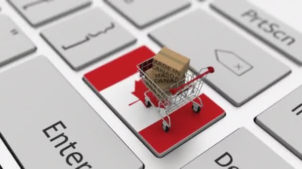 Caixas com texto MADE IN CANADA e carrinho de compras no teclado do computador. Conceptual looping 3d animação — Vídeo de Stock