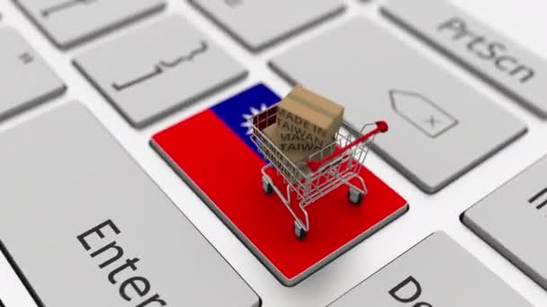 Goods made in Taiwan in the shopping cart on the keyboard. Export or import concepts, looping 3d animation — стокове відео