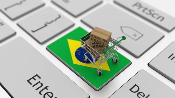 Cajas con texto MADE IN BRASIL y carrito de compras en el teclado. Renderizado 3D conceptual —  Fotos de Stock