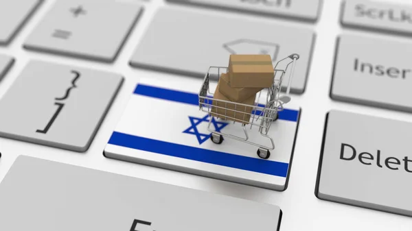 Καλάθι αγορών στο πλήκτρο πληκτρολογίου με σημαία του Ισραήλ. 3d απόδοση σχετική με το ηλεκτρονικό εμπόριο — Φωτογραφία Αρχείου