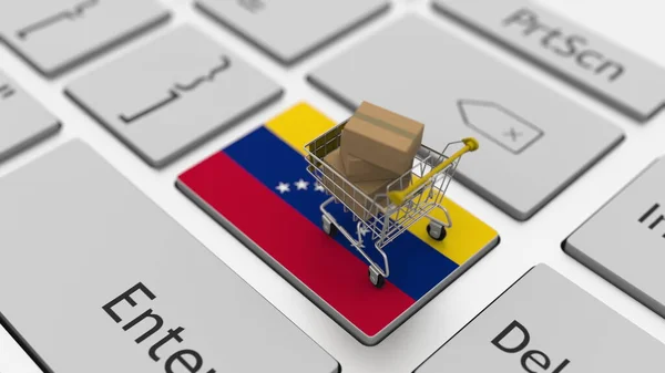 Computer keyboard key with flag of Venezuela and shopping cart with cartons, online shopping conceptual 3d rendering — Stock Photo, Image