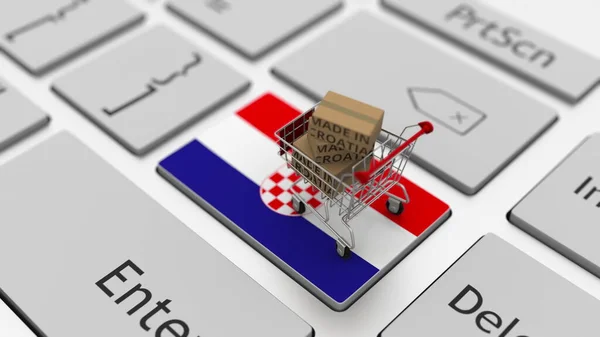 Boxes with MADE IN CROATIA text and shopping cart on the keyboard. Conceptual 3d rendering — Stock Photo, Image