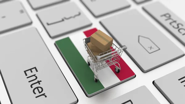 Teclado com bandeira da Hungria e carrinho de compras com caixas. Compras online relacionadas com renderização 3d — Fotografia de Stock