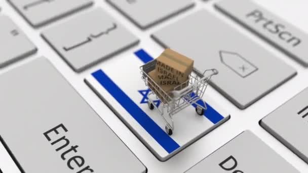 Goods made in Israel in the shopping cart on the keyboard. Export or import concepts, looping 3d animation — Video