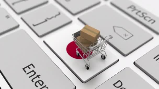 Carrello sulla tastiera con la bandiera del Giappone. Looping animazione 3D relativa all'e-commerce — Video Stock