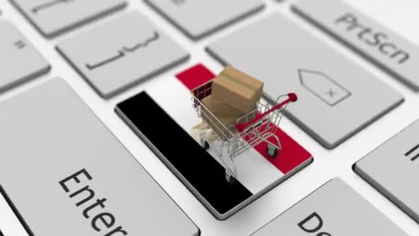 Carrito de compras en la tecla del teclado con bandera de Egipto. Looping comercio electrónico relacionado con la animación 3d — Vídeo de stock
