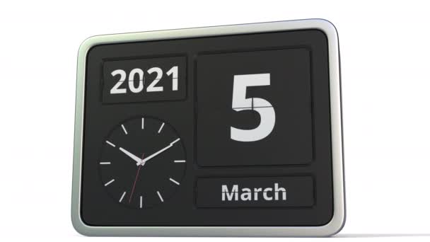 March 6 date on the flip clock calendar, 3d animation — 图库视频影像