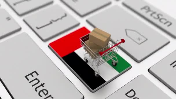 Комп'ютерний клавіатурний ключ з прапором ОАЕ та торговим візком з картонами, цикли онлайн-магазинів концептуальна 3D анімація — стокове відео