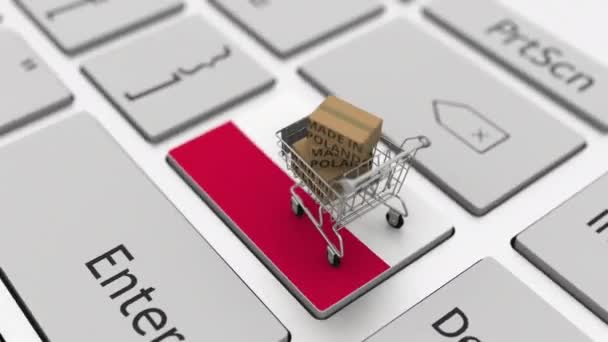 Caixas com texto MADE IN POLAND e carrinho de compras no teclado. Conceptual looping 3d animação — Vídeo de Stock