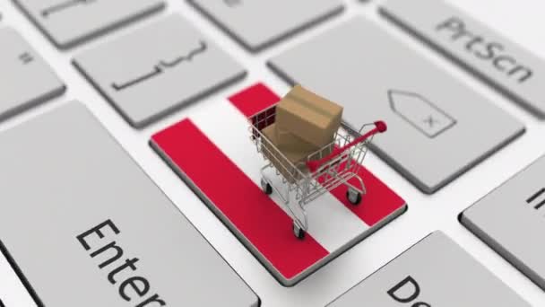 Keyboard key with flag of Austria and shopping cart with boxes. Online shopping related looping 3d animation — Stock Video