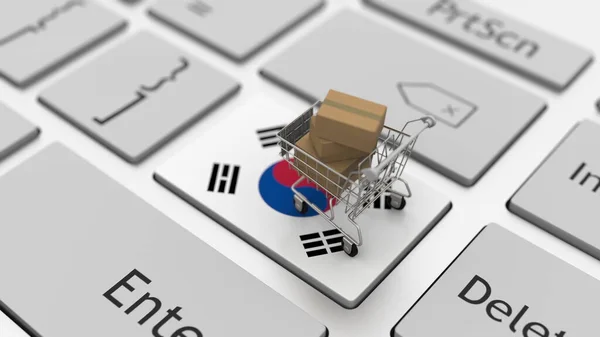 Tastaturschlüssel mit Flagge Südkoreas und Warenkorb mit Schachteln. Online-Shopping im Zusammenhang mit 3D-Rendering — Stockfoto
