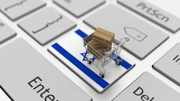 Goods made in Israel in the shopping cart on the keyboard. Export or import concepts, 3d rendering — Zdjęcie stockowe