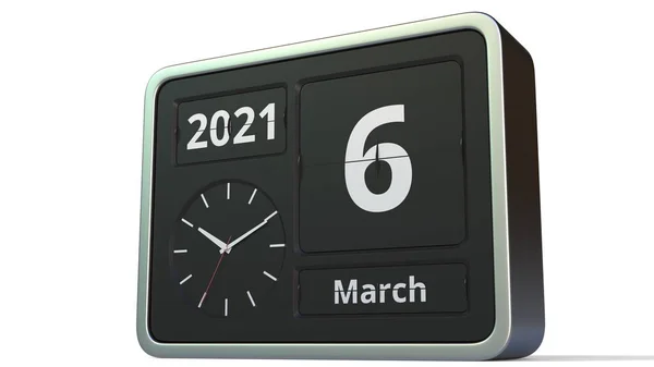6 de marzo de fecha en el calendario de reloj flip, 3d renderizado —  Fotos de Stock