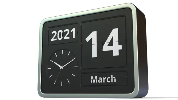 14 de marzo fecha en el calendario de reloj flip, 3d renderizado —  Fotos de Stock