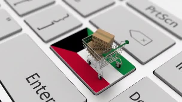 Cartones con texto MADE IN KUWAIT y carrito de compras en el teclado de la computadora. Conceptual looping 3d animación — Vídeo de stock