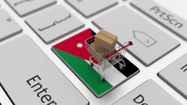 Kundvagn på tangentbordet nyckel med flagga Jordanien. Looping e-handel relaterad 3D-animation — Stockvideo