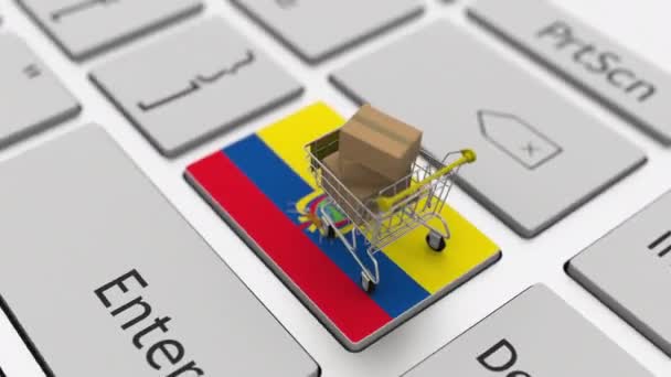 Carrinho de compras na tecla do teclado com a bandeira do Equador. Looping ecommerce relacionados animação 3d — Vídeo de Stock