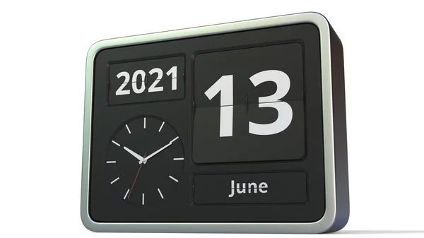 13 de junio fecha en el calendario de reloj flip, 3d renderizado —  Fotos de Stock