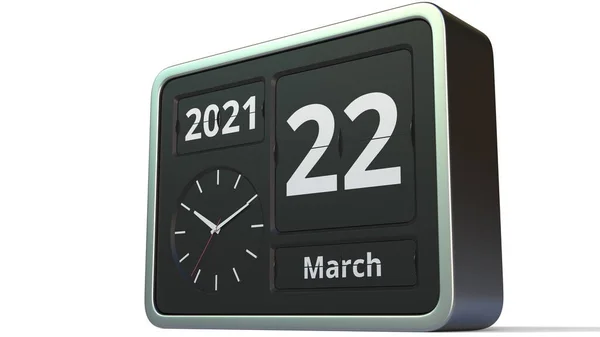 22. März Datum auf dem Flip-Clock-Kalender, 3D-Rendering — Stockfoto