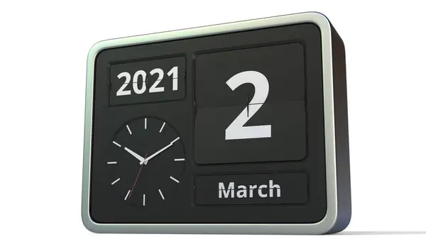 2 marca data na klasycznym kalendarzu flip clock, renderowania 3d — Zdjęcie stockowe