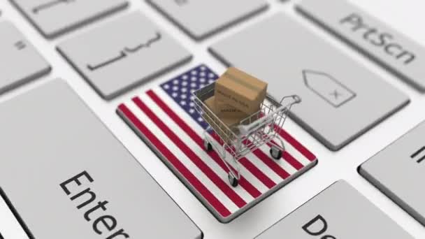 Caixas com texto MADE IN USA e carrinho de compras no teclado. Conceptual looping 3d animação — Vídeo de Stock