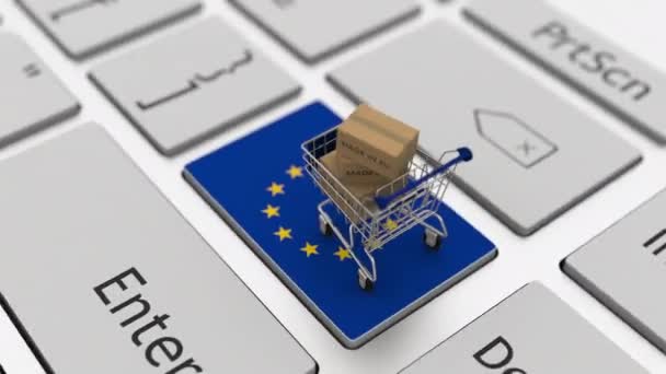 Картонні коробки з MADE In EU text and shopping cart на клавіатурі. Концептуальна петля 3d анімації — стокове відео