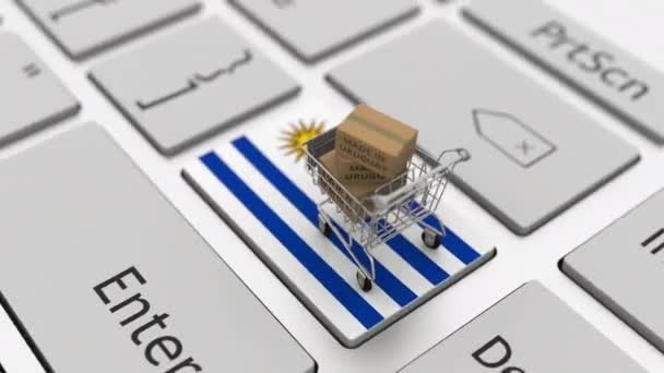 Productos fabricados en Uruguay en el carrito de la compra en el teclado. Conceptos de exportación o importación, looping animación 3d — Vídeo de stock