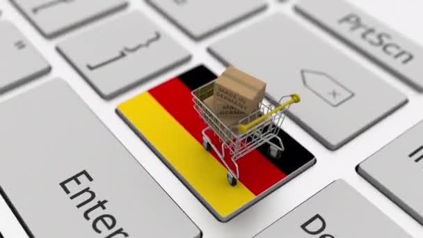 Klavyede Almanca metin ve alışveriş arabasıyla yapılmış kutular. Kavramsal döngü 3d canlandırması — Stok video