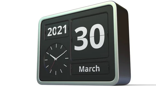 30 marzo data sul calendario flip clock, rendering 3d — Foto Stock