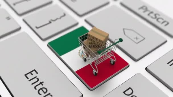 Artículos hechos en México en el carrito de la compra en el teclado. Conceptos de exportación o importación, looping animación 3d — Vídeo de stock